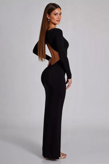Black Jersey Long Sleeves Sheath Formal Dress with Slit